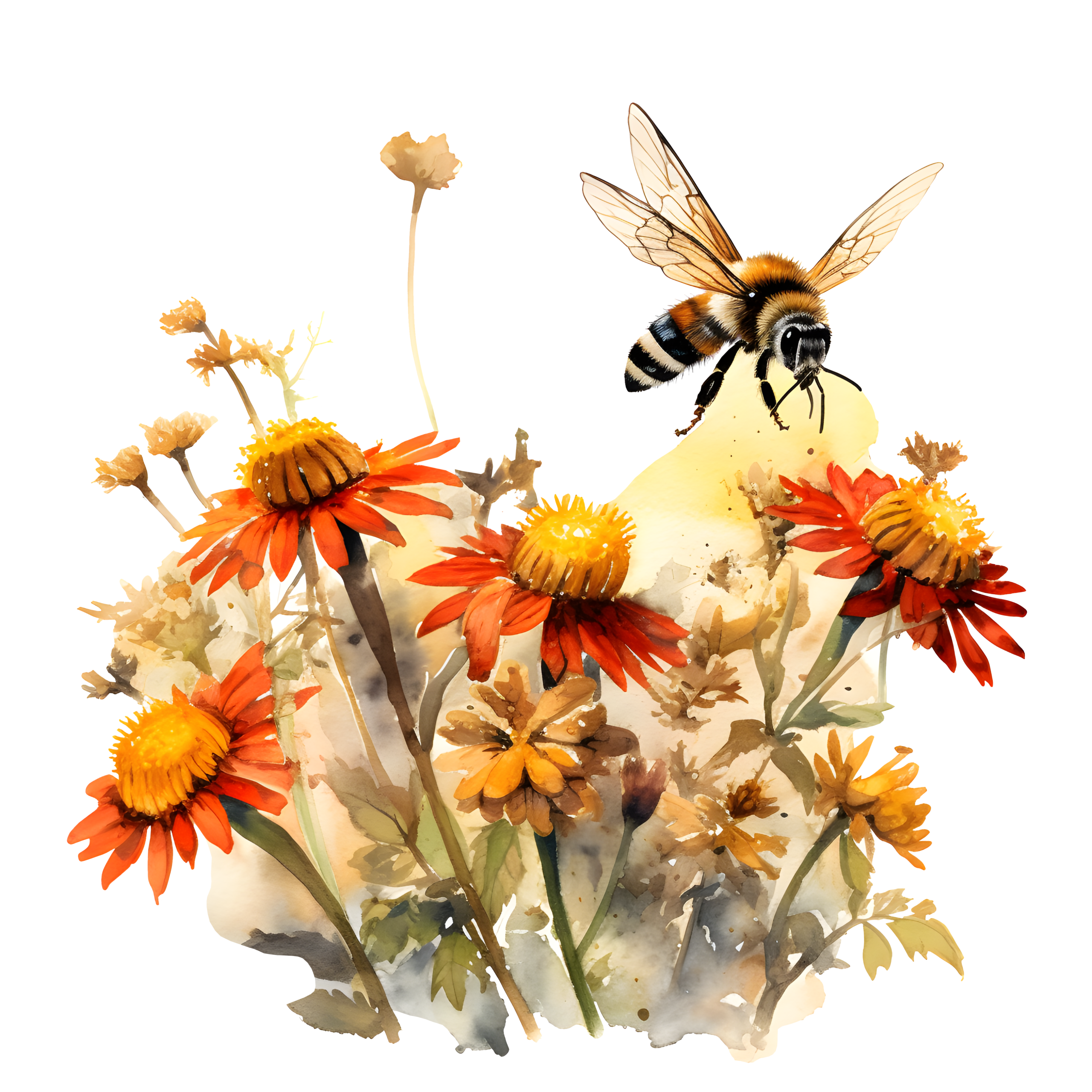 Bees hovering over orange wildflowers. An image by Ukrainian artist Spridv on Etsy.